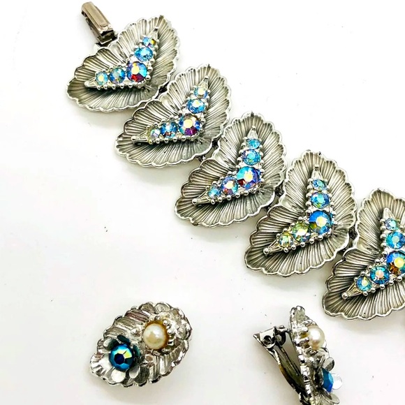 Vintage Deco blue AB rhinestone bracelet Demi set - Picture 8 of 11